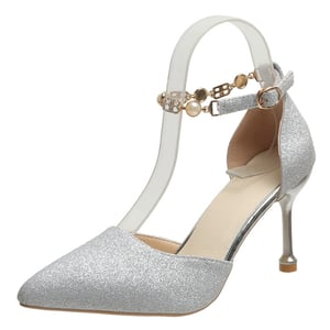 Pointed toe shallow mouth stiletto one-strap rhinestone silver bridal shoes 