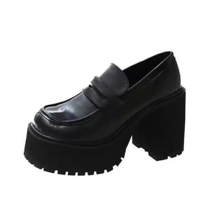 women's black round toe waterproof platform leather shoes 